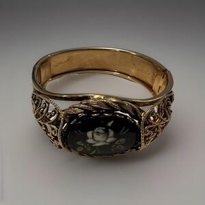 Vintage Y2K Black Filigree Hinged Bracelet Gold Tone Painted Rose